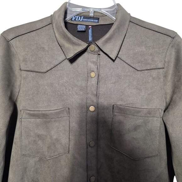 FDJ Faux Suede Boho Western Shirt Dress XS Olive Autumn Button-Down Pockets New - Picture 2 of 11